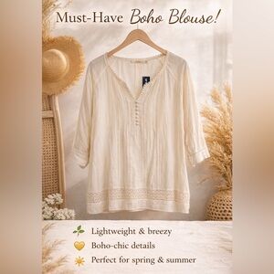 Solitaire Cream Boho Blouse 3X Pintuck Crochet Trim Button Front Top